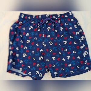 Postmarc Nautical Anchor Print Swim Trunks Blue Red White Size Large Stretch
